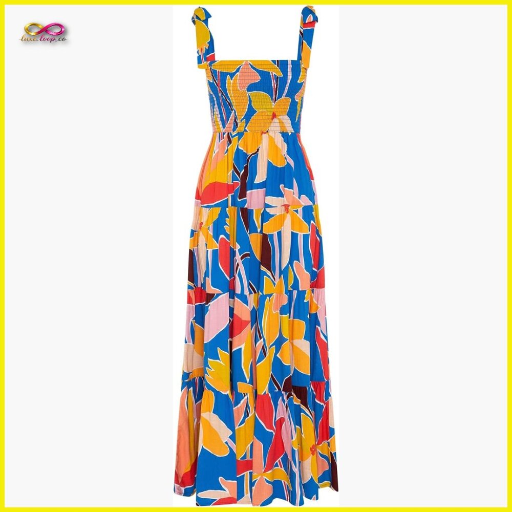 Boho Maxi Dress Flowy Square Neck Spaghetti Strap Ruffle Hem Summer Casual
